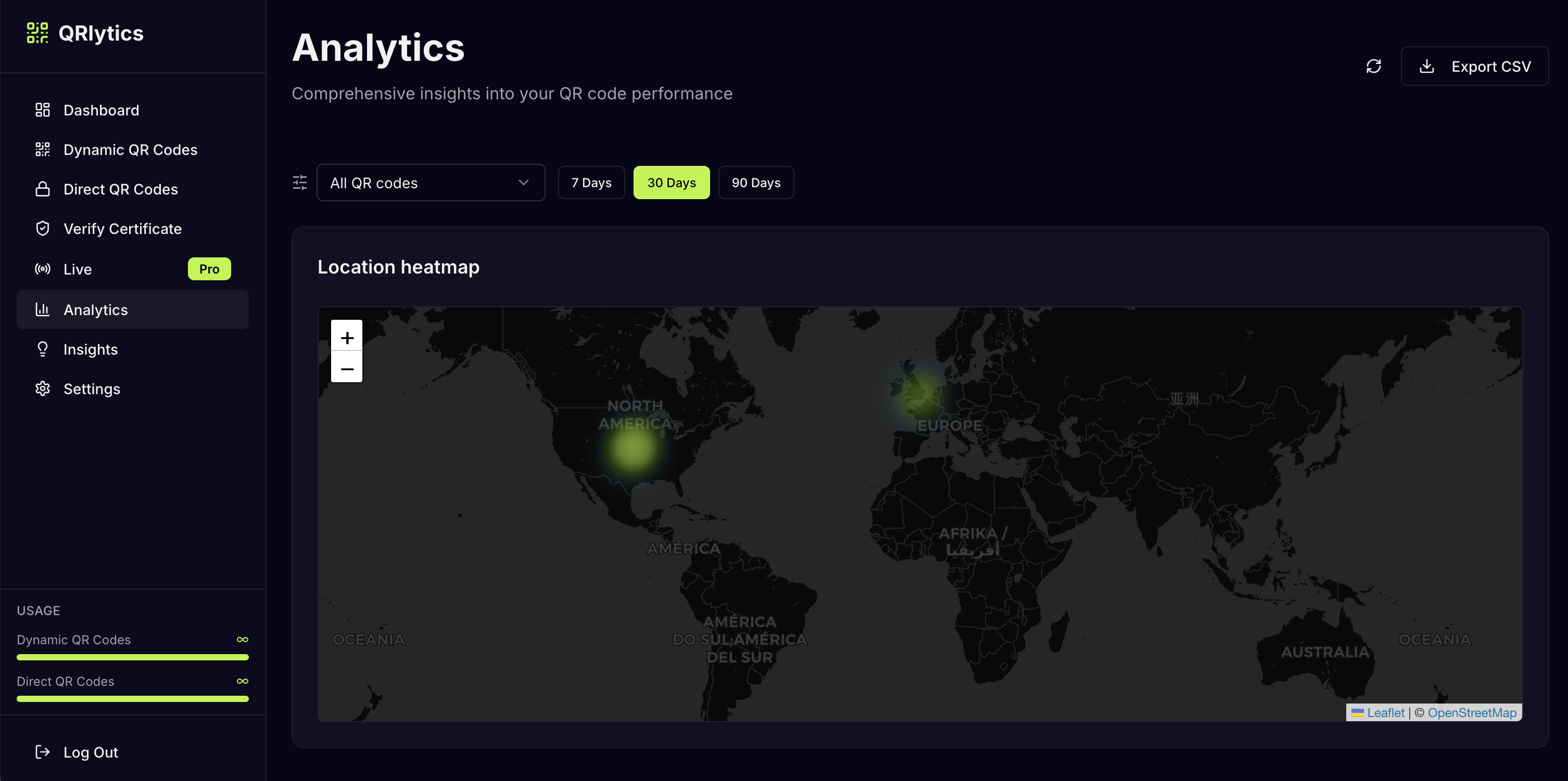 QRlytics dashboard — Analytics with global location heatmap