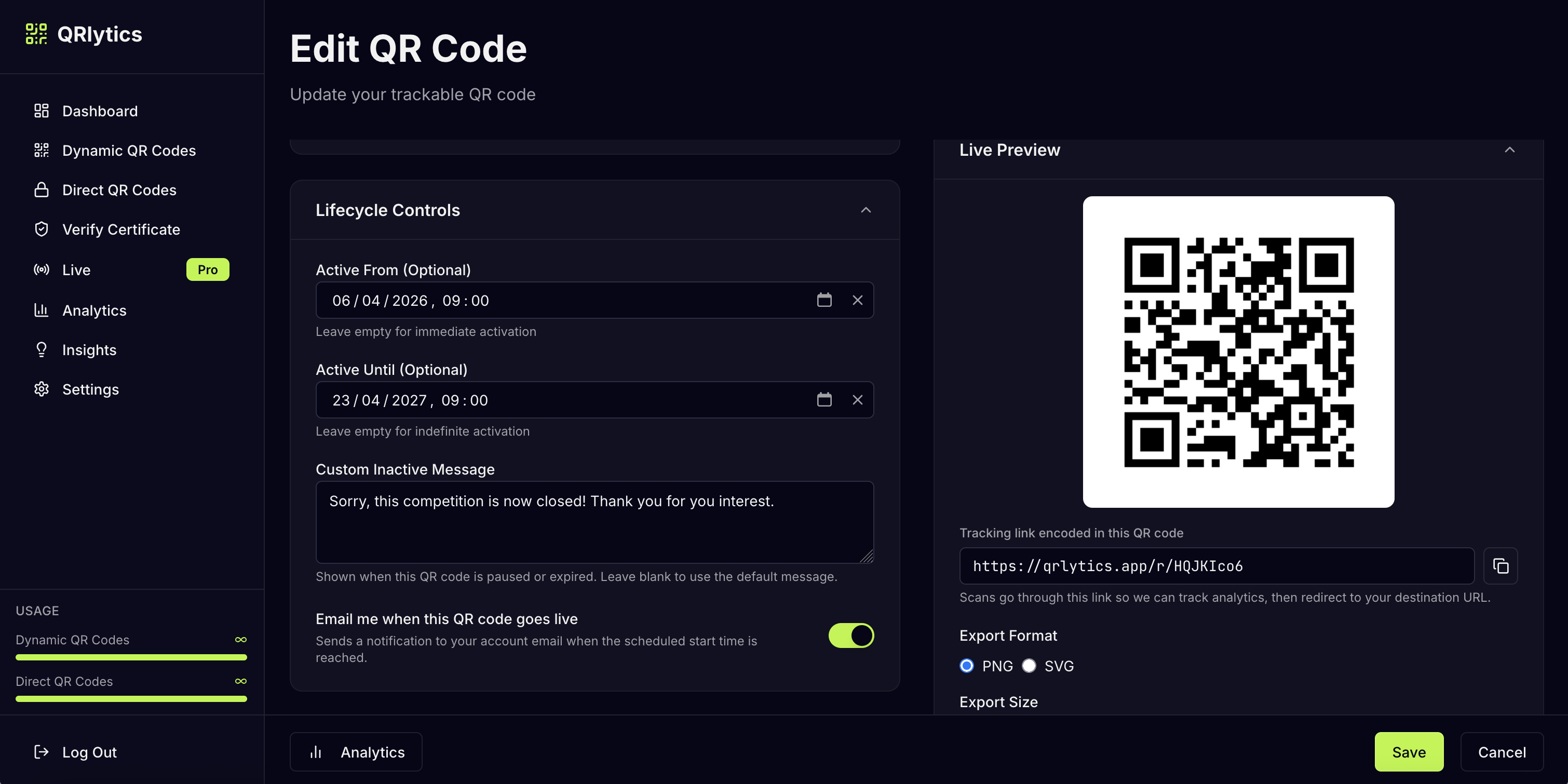 QRlytics dashboard — Edit QR Code with lifecycle controls and live preview